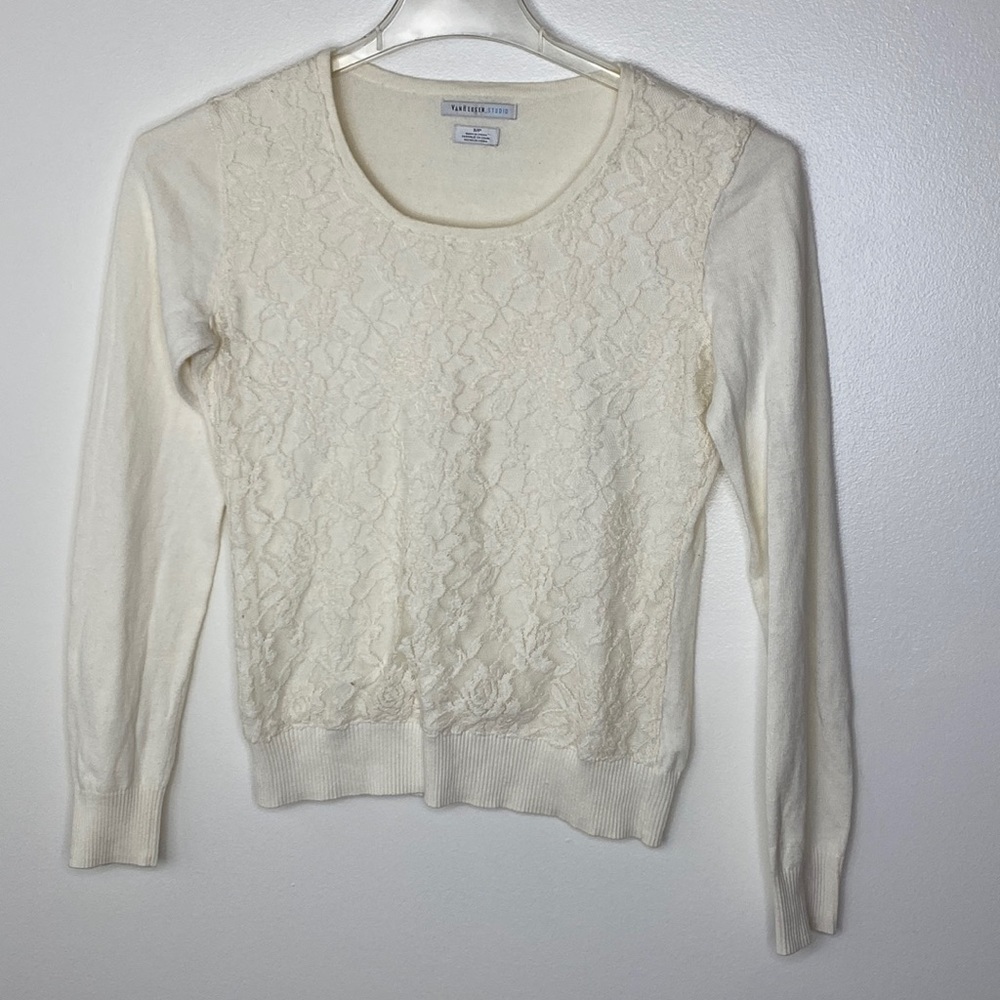VAN HEUSEN Studio Cream Lace Front Detail Sweater size S